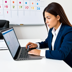 A focused professional woman in a modest business suit, sitting at a modern, organized desk. She is meticulously reviewing a digital calendar on her laptop, which displays a color-coded time-blocking schedule. In the background, a clean home office with a whiteboard showing strategic goals. Professional photography, soft natural lighting, high detail, sharp focus, well-formed hands, proper finger count, natural body proportions, perfect anatomy, correct proportions, natural pose. Fully clothed, appropriate attire, modest clothing, safe for work, appropriate content, professional, family-friendly.