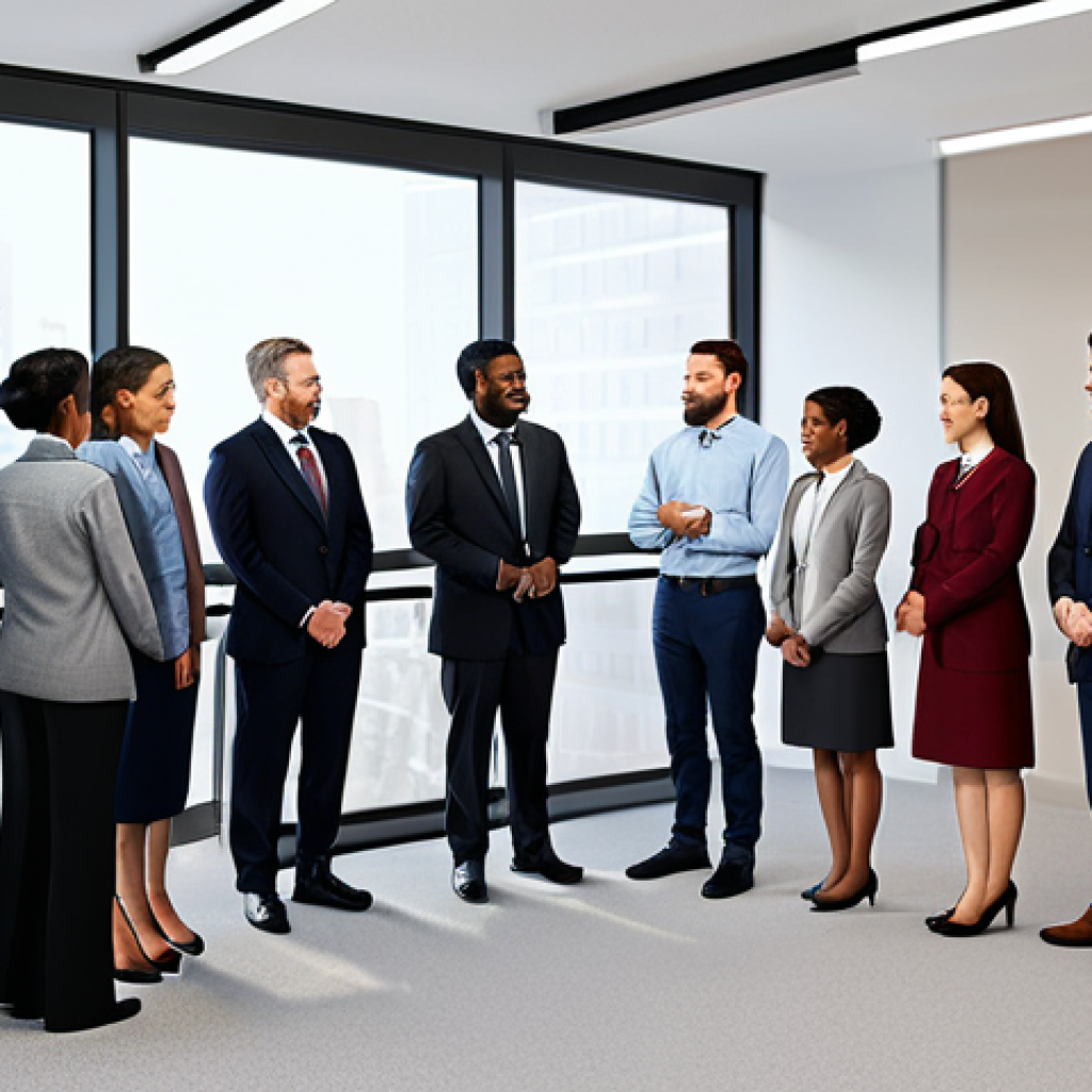 ** A diverse group of professionals in modest office attire warmly greeting a new employee. Modern office setting, perfect anatomy, correct proportions, safe for work, fully clothed, professional environment, friendly atmosphere.

**