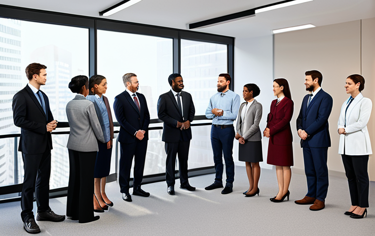 ** A diverse group of professionals in modest office attire warmly greeting a new employee. Modern office setting, perfect anatomy, correct proportions, safe for work, fully clothed, professional environment, friendly atmosphere.

**