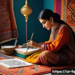 AI와 자동화 시대의 인간 중심 직업 - A creative workspace scene featuring a Pakistani artist wearing modest traditional clothing and comf...