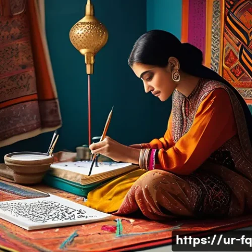 AI와 자동화 시대의 인간 중심 직업 - A creative workspace scene featuring a Pakistani artist wearing modest traditional clothing and comf...