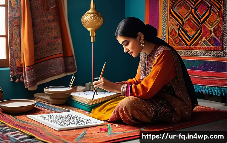 AI와 자동화 시대의 인간 중심 직업 - A creative workspace scene featuring a Pakistani artist wearing modest traditional clothing and comf...