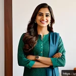 Home 20 직업 변화에 따른 심리적 준비 방법 - A confident young South Asian professional woman in modest office attire, standing in front of a mir...