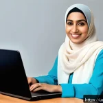 Home 18 자동화 대응 직업 전환에 대한 인식 향상 - A confident South Asian professional woman in her early 30s, wearing modest business attire with a h...