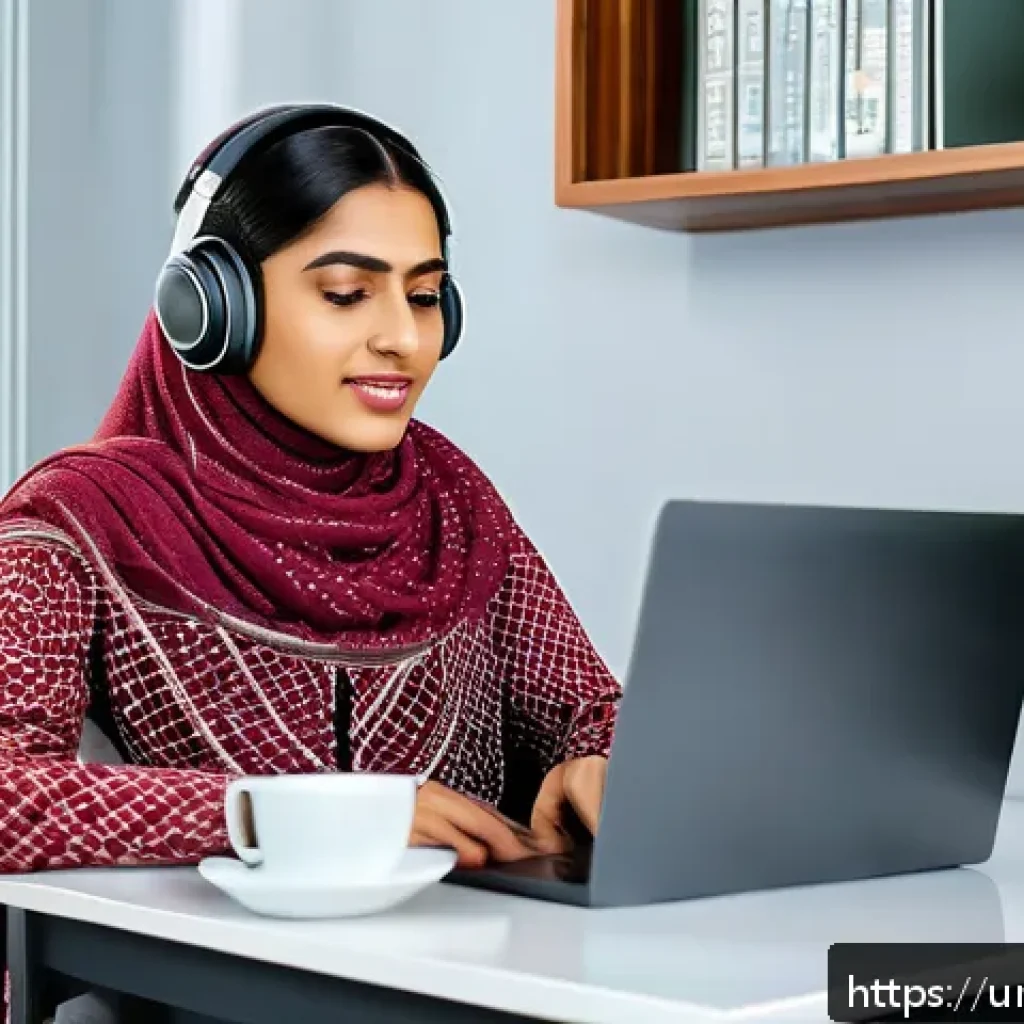 자동화 시대의 직업 이동 경로 - A professional young South Asian woman in modest business attire, sitting at a modern home office de...