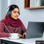 Home 23 자동화 시대의 직업 이동 경로 - A professional young South Asian woman in modest business attire, sitting at a modern home office de...