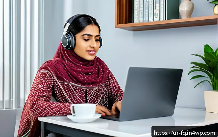 자동화 시대의 직업 이동 경로 - A professional young South Asian woman in modest business attire, sitting at a modern home office de...
