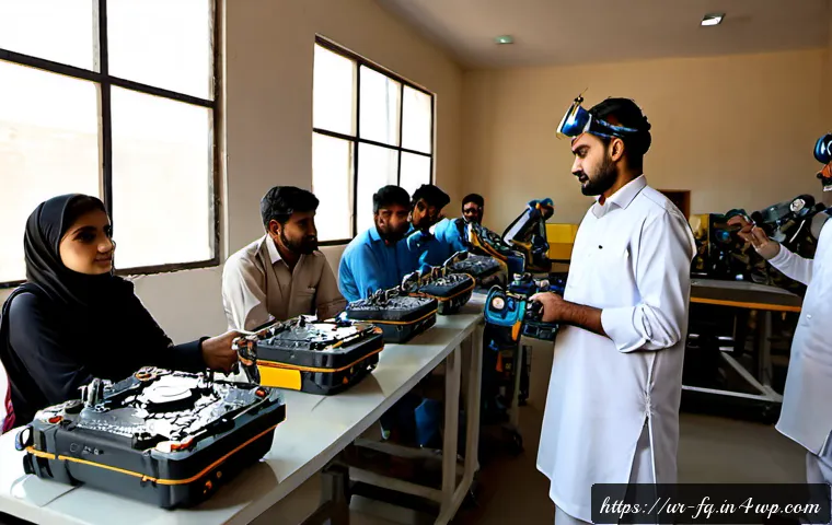 자동화에 대응하는 직업 훈련 프로그램 - Photorealistic vocational training workshop in Lahore, Pakistan, a diverse group of young Urdu-speak...