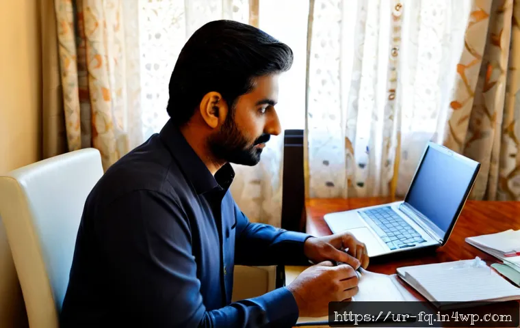 Home 17 직업 전환 중 발생하는 도전 과제 - Photorealistic Pakistani professional in their early 40s sitting at a tidy home desk in Lahore, thou...